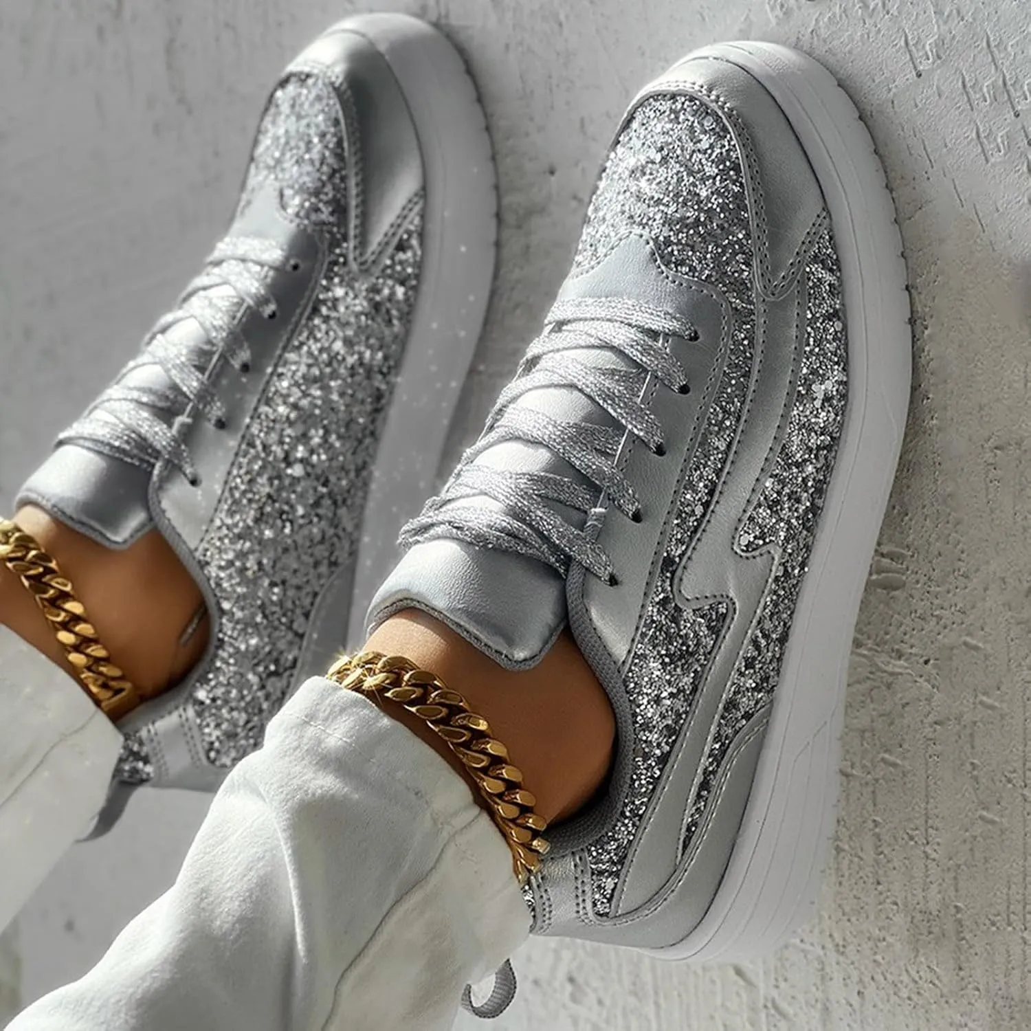 Casual Thick Soled Sneakers New Glossy Fashion Women's Shoes Low Top Lace Up Flat Shoes Couples' Woman's Sandals Size 9