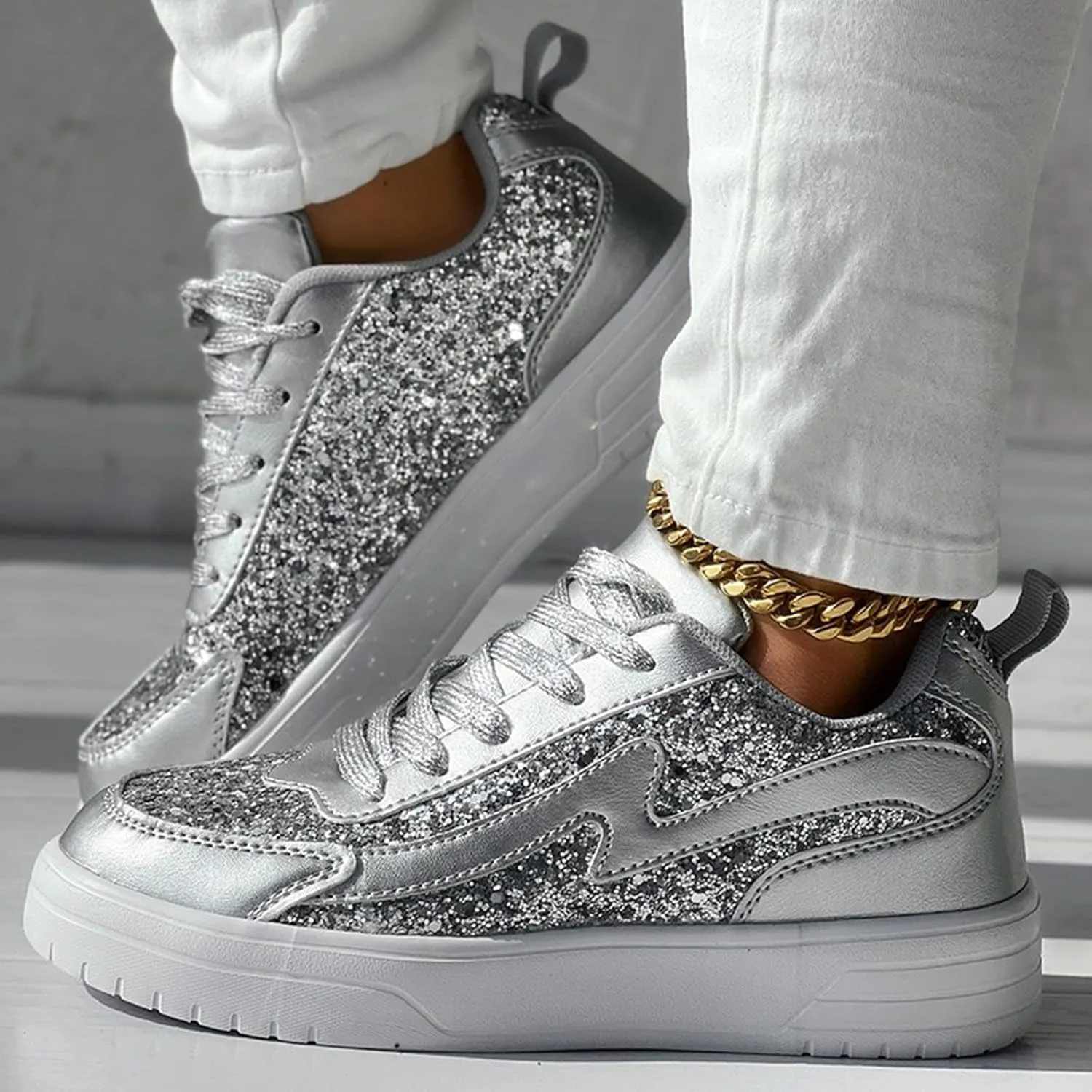 Casual Thick Soled Sneakers New Glossy Fashion Women's Shoes Low Top Lace Up Flat Shoes Couples' Woman's Sandals Size 9