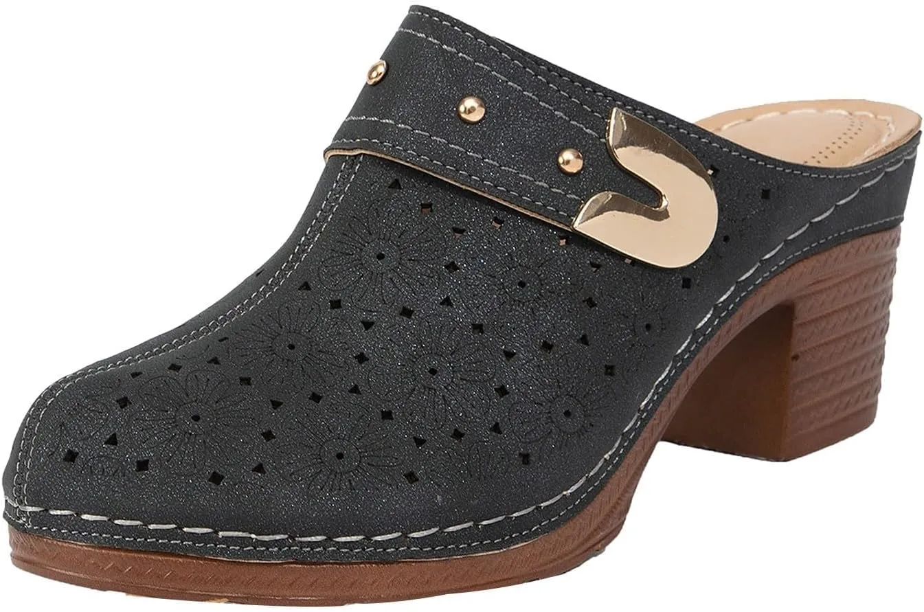Chunky Heels Sandals for Women Summer Breathable Hollow Out Closed Toe Mules Retro Flower Pattern Slip On Slides Loafer Shoes Comfortable Low Heel Slip-on Wooden Clogs