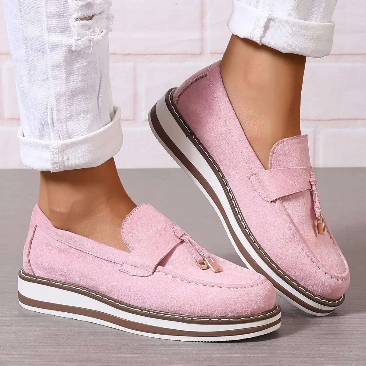 Chunky Platform Loafers for Women Tassel Slip On Suede Faux Leather Loafers Slip On Casual Loafers