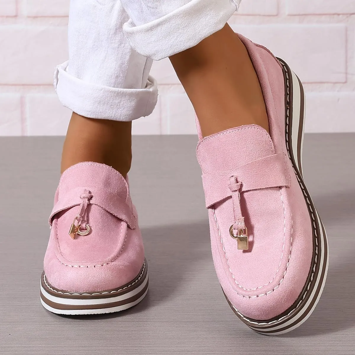 Chunky Platform Loafers for Women Tassel Slip On Suede Faux Leather Loafers Slip On Casual Loafers