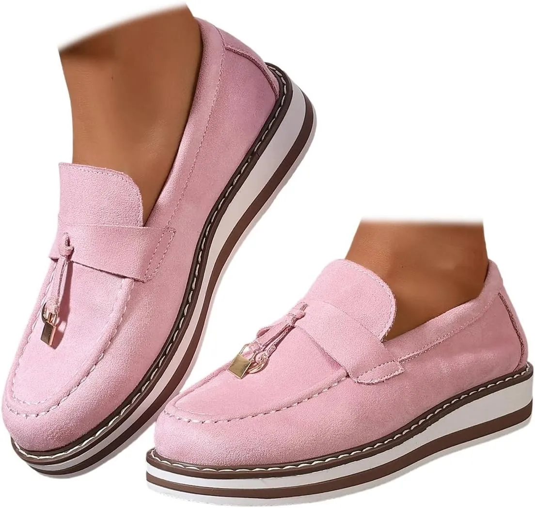 Chunky Platform Loafers for Women Tassel Slip On Suede Faux Leather Loafers Slip On Casual Loafers