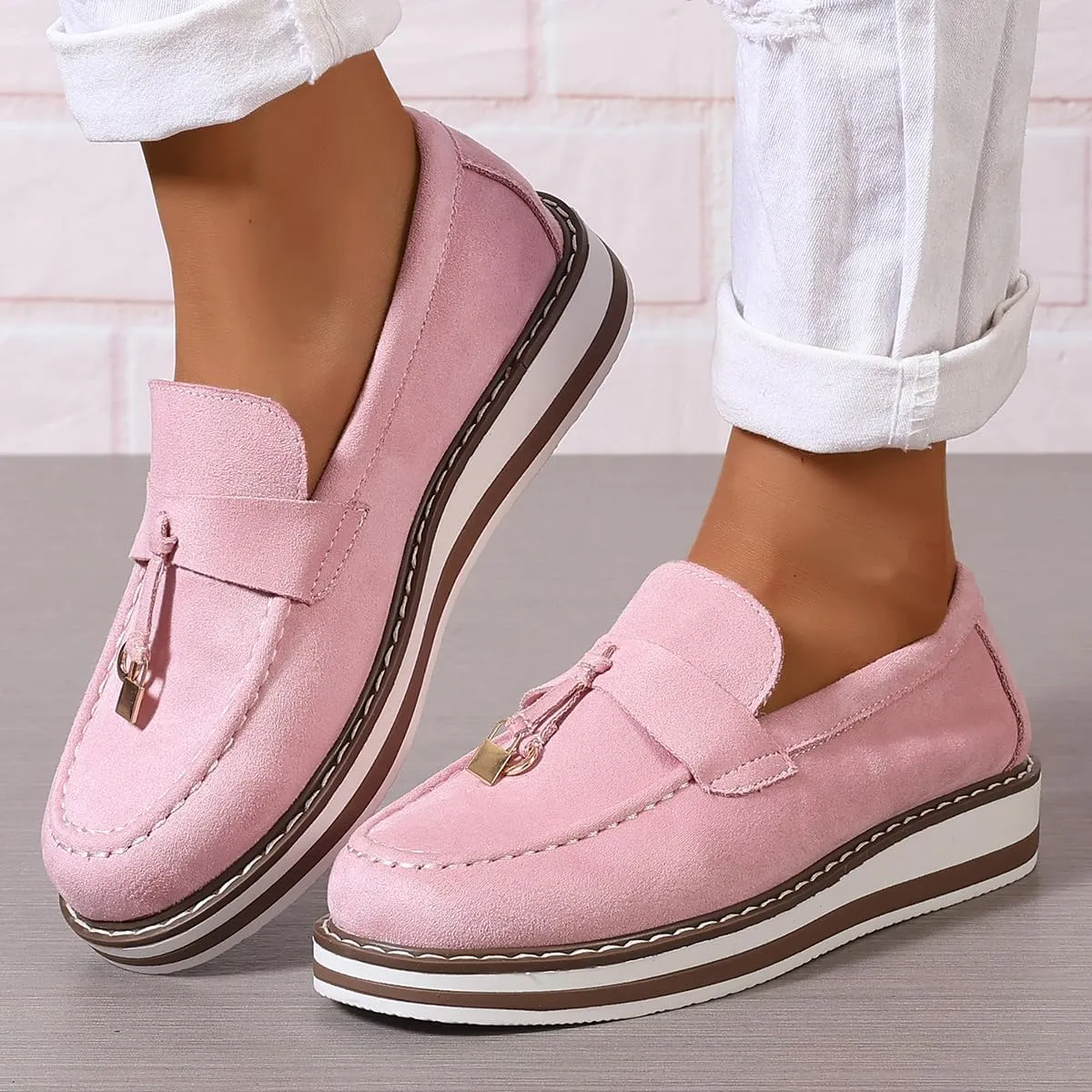 Chunky Platform Loafers for Women Tassel Slip On Suede Faux Leather Loafers Slip On Casual Loafers
