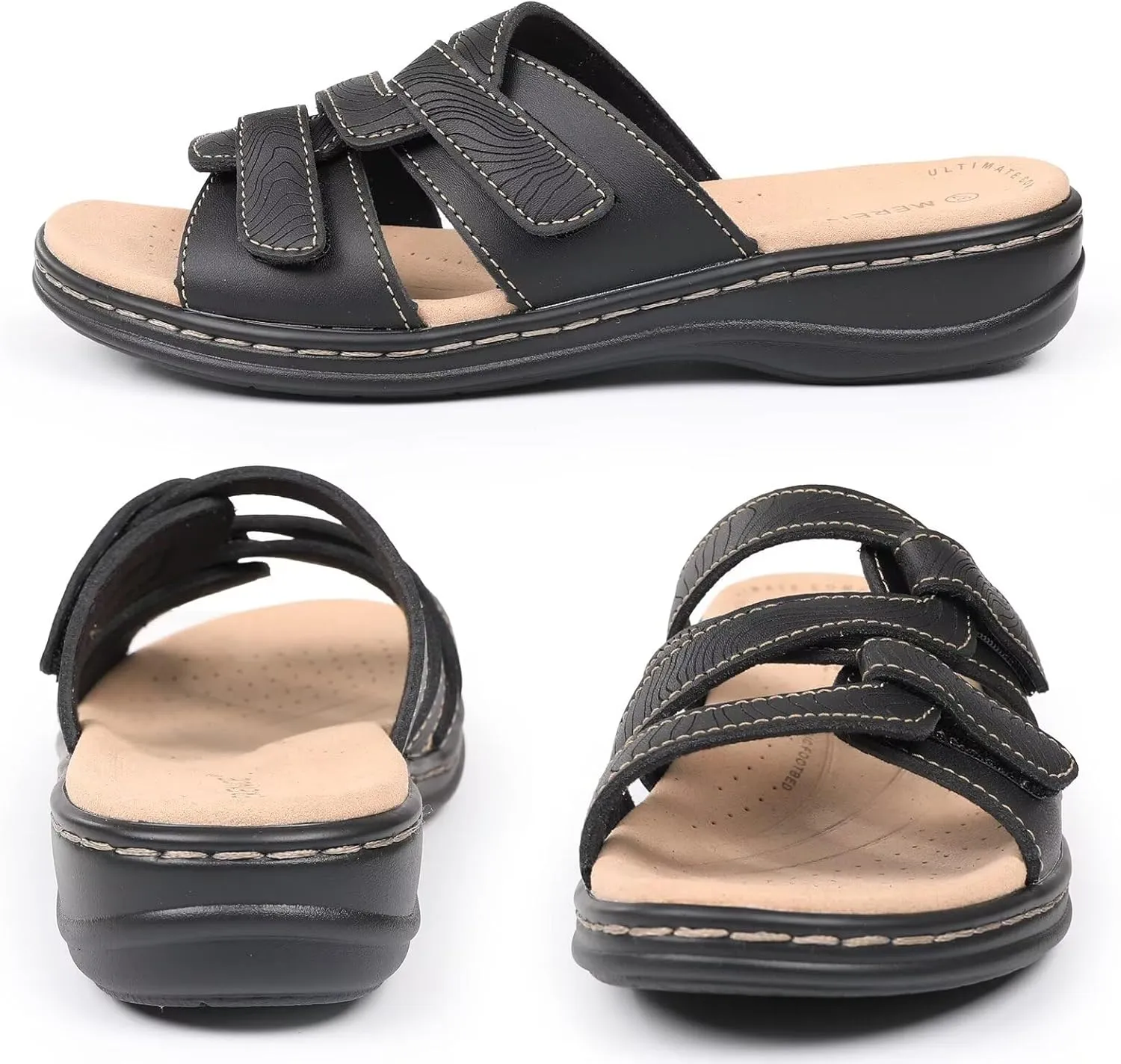 CIOR Classic Leather Womens Slides Arch Support Adjustable Hook and Loop Slip on Flat Sandals