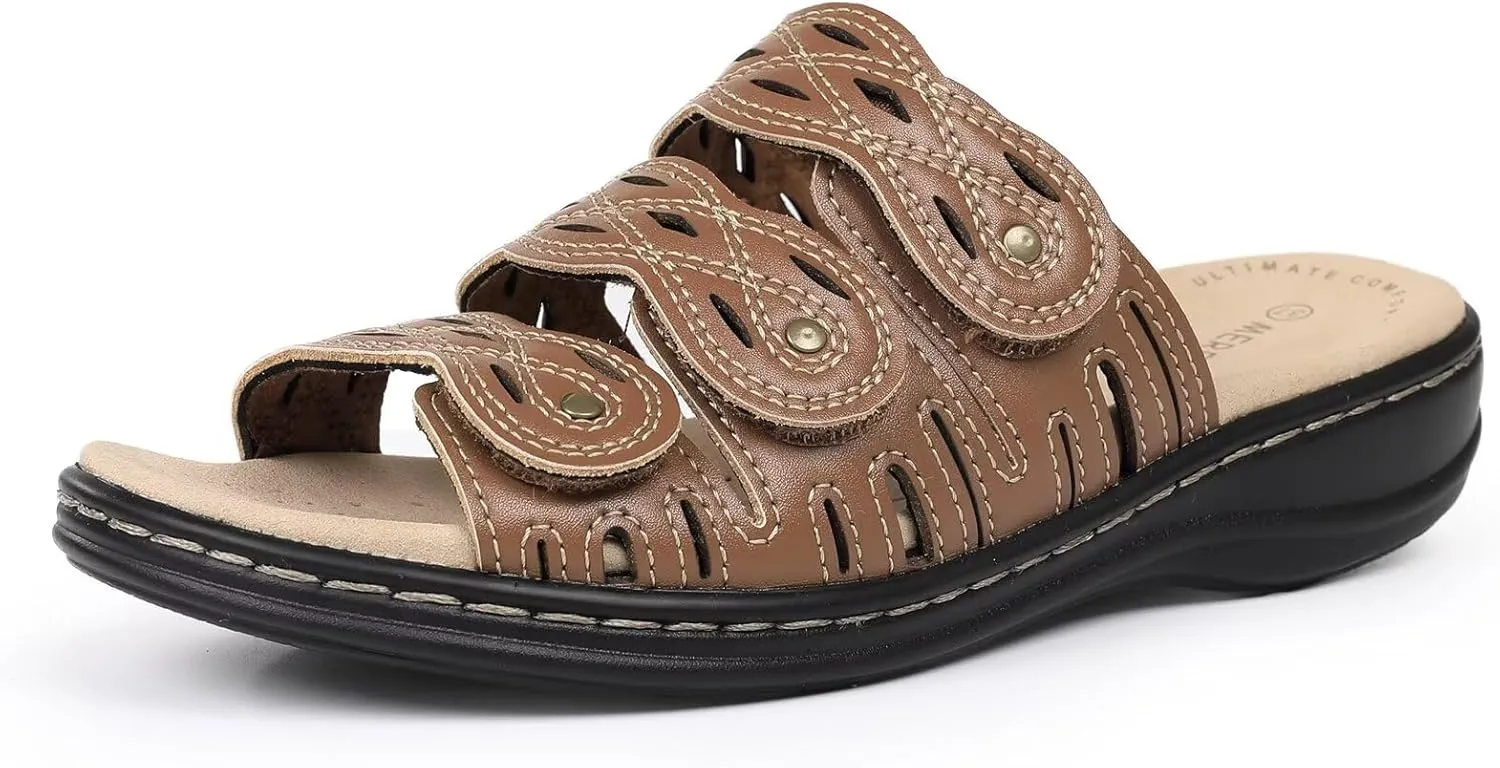 CIOR Classic Leather Womens Slides Arch Support Adjustable Hook and Loop Slip on Flat Sandals