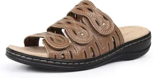 CIOR Classic Leather Womens Slides Arch Support Adjustable Hook and Loop Slip on Flat Sandals