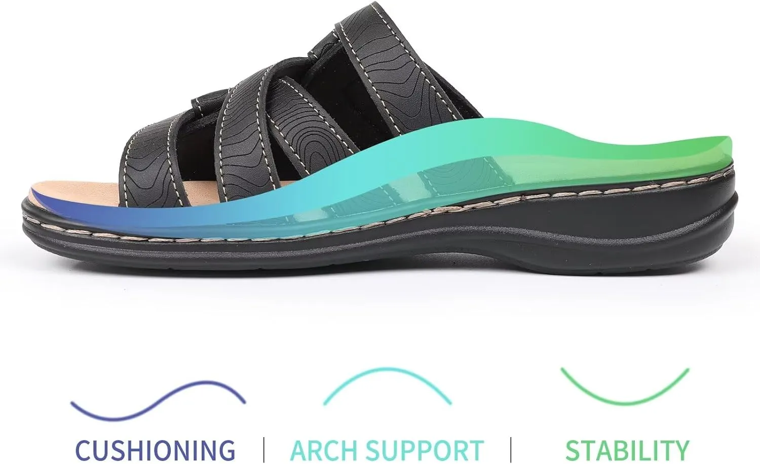 CIOR Classic Leather Womens Slides Arch Support Adjustable Hook and Loop Slip on Flat Sandals