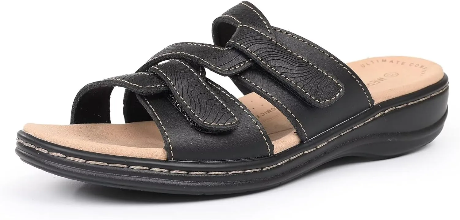 CIOR Classic Leather Womens Slides Arch Support Adjustable Hook and Loop Slip on Flat Sandals