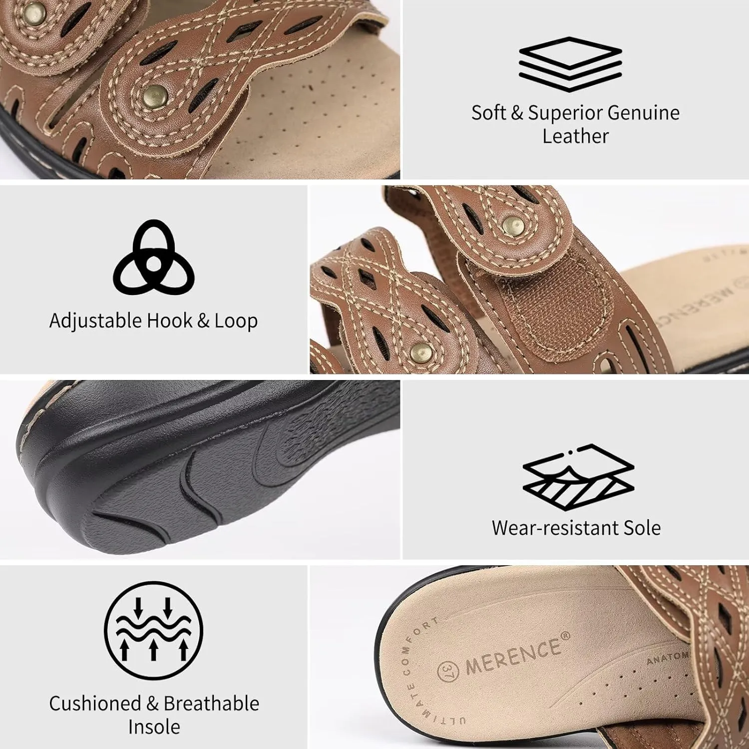CIOR Classic Leather Womens Slides Arch Support Adjustable Hook and Loop Slip on Flat Sandals