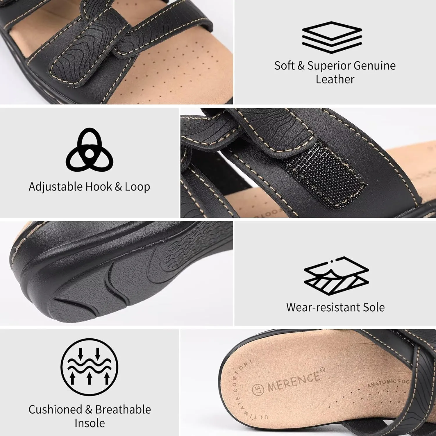 CIOR Classic Leather Womens Slides Arch Support Adjustable Hook and Loop Slip on Flat Sandals