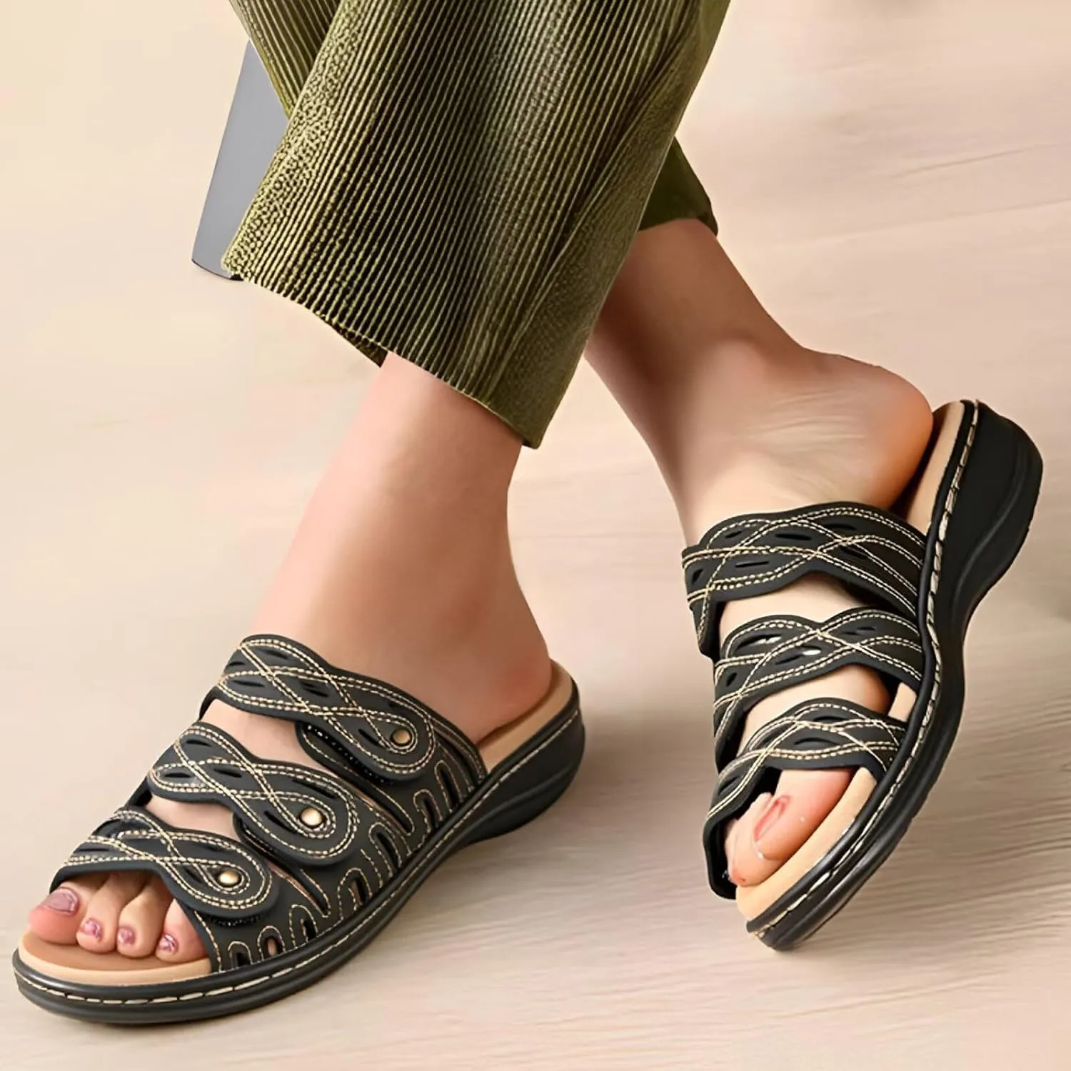 CIOR Classic Leather Womens Slides Arch Support Adjustable Hook and Loop Slip on Flat Sandals