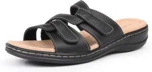 CIOR Classic Leather Womens Slides Arch Support Adjustable Hook and Loop Slip on Flat Sandals