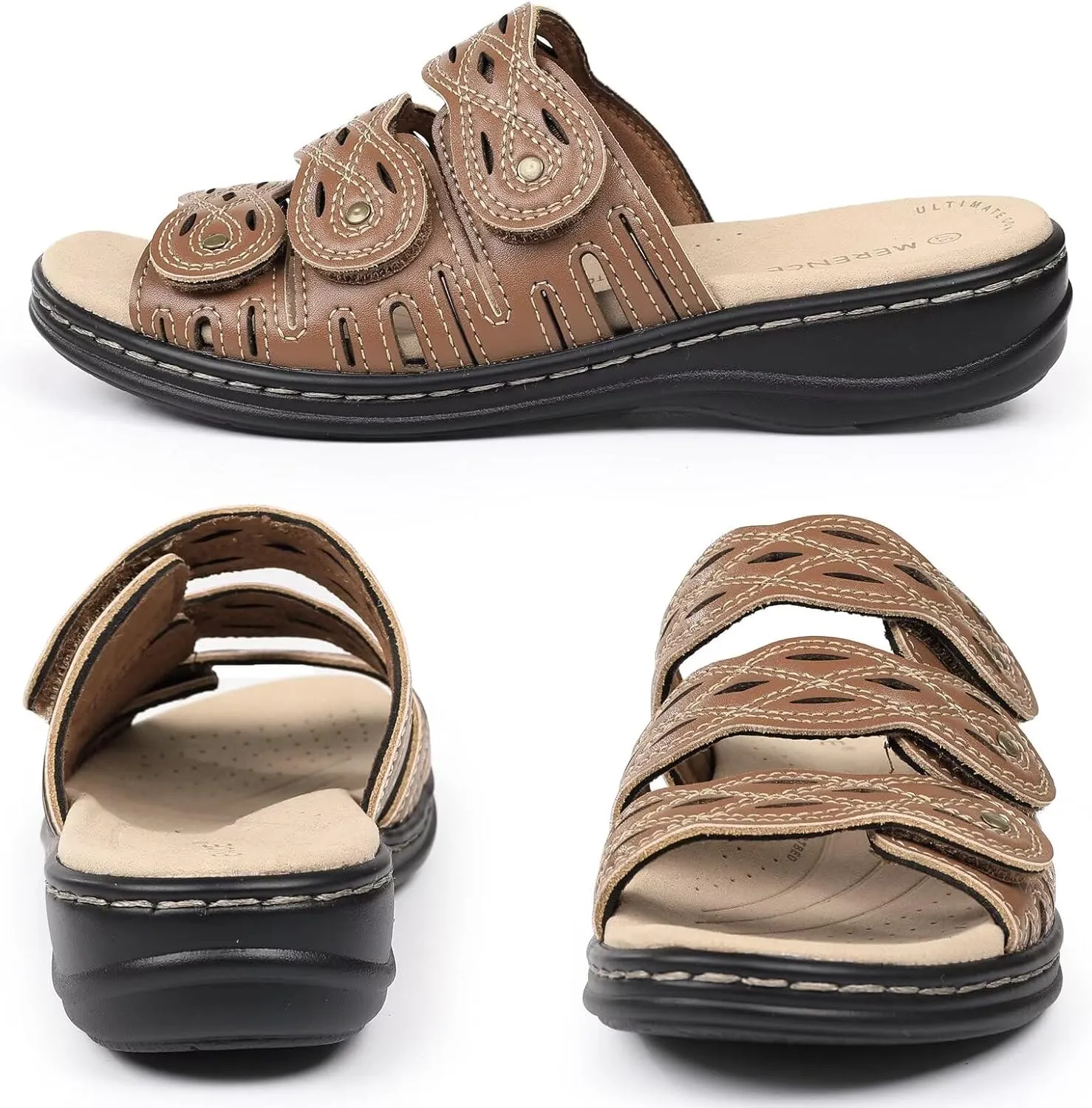 CIOR Classic Leather Womens Slides Arch Support Adjustable Hook and Loop Slip on Flat Sandals