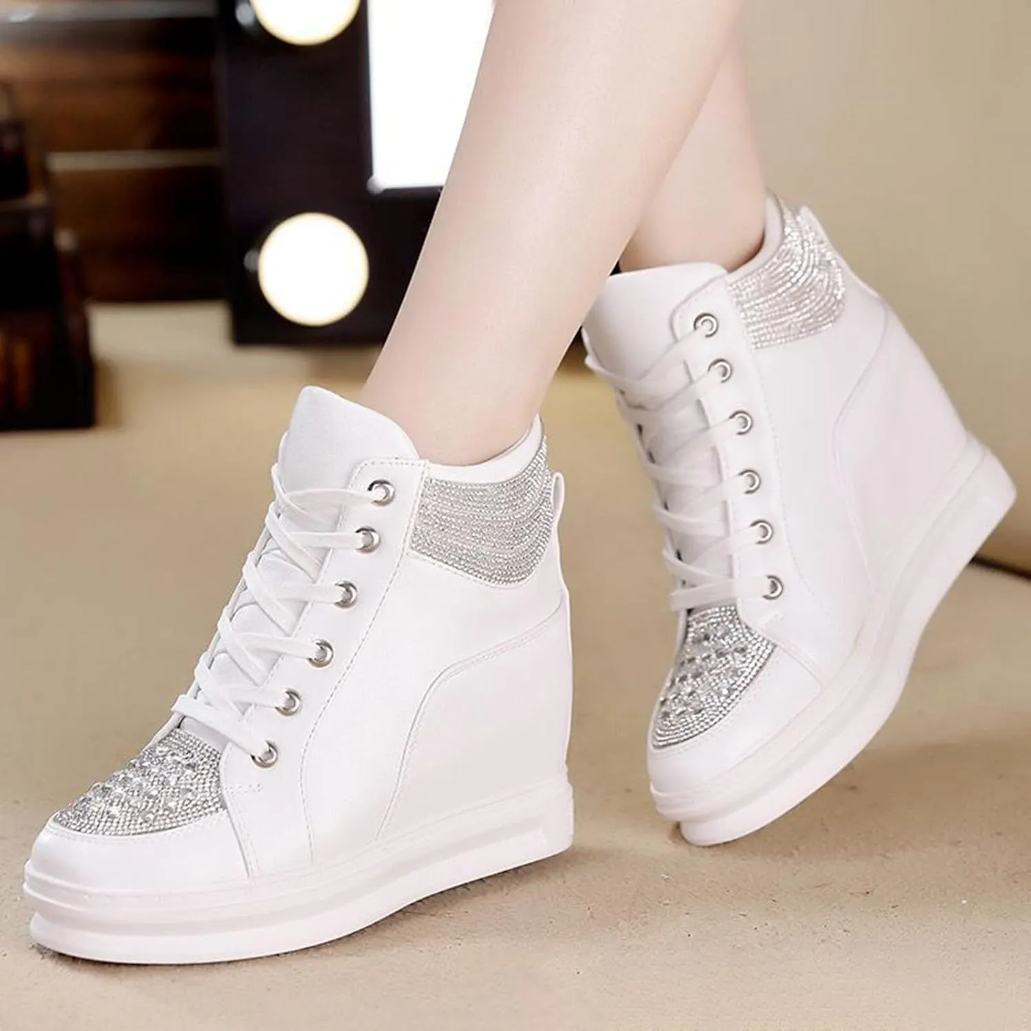 Ckrola Womens Fashion Platform Shoes Hidden Wedge Heel High Top Sneakers for Women Platform Boots Working Shoes Women