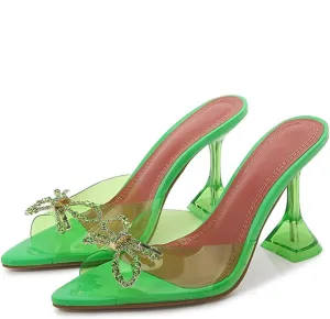 Clear Pointed Toe Heels for Women Sexy Slip On Transparent High Heel Mules Rhinestones Sandals Stiletto Kitten Heels