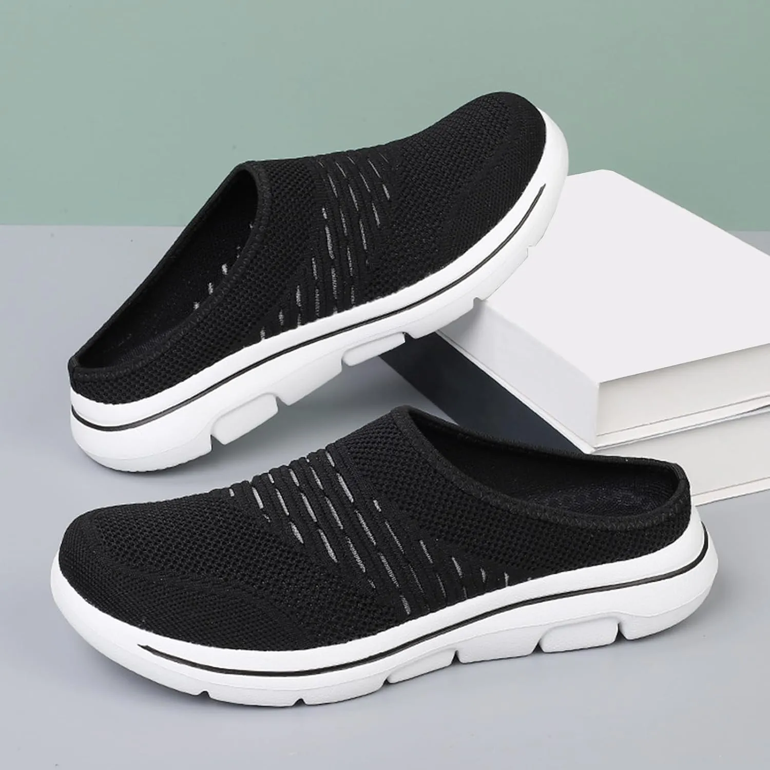 Clogs for Women Breathable Soft Mesh Mules Fashion Knitted Backless Slip On Lightweight Walking Shoes Casual Closed Toe Orthopedic Mules with Arch-Support Comfortable Wedge Mule