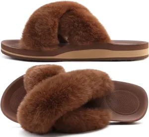 COFACE Womens Fuzzy Slides Fluff Faux Fur Cross Slippers Open Toe Yoga Mat House Slippers Sandals With Arch Support For Indoor/Outdoor