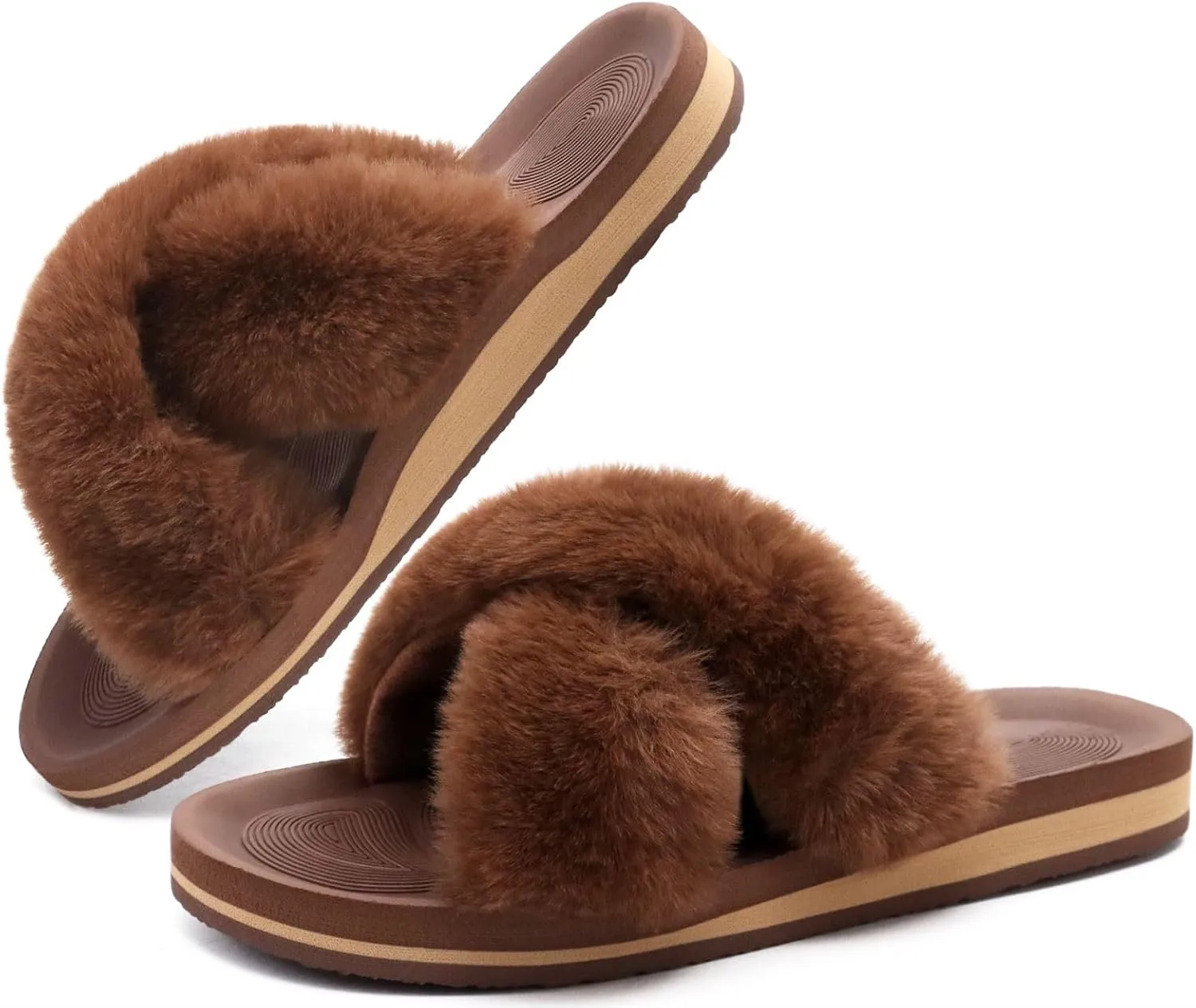COFACE Womens Fuzzy Slides Fluff Faux Fur Cross Slippers Open Toe Yoga Mat House Slippers Sandals With Arch Support For Indoor/Outdoor