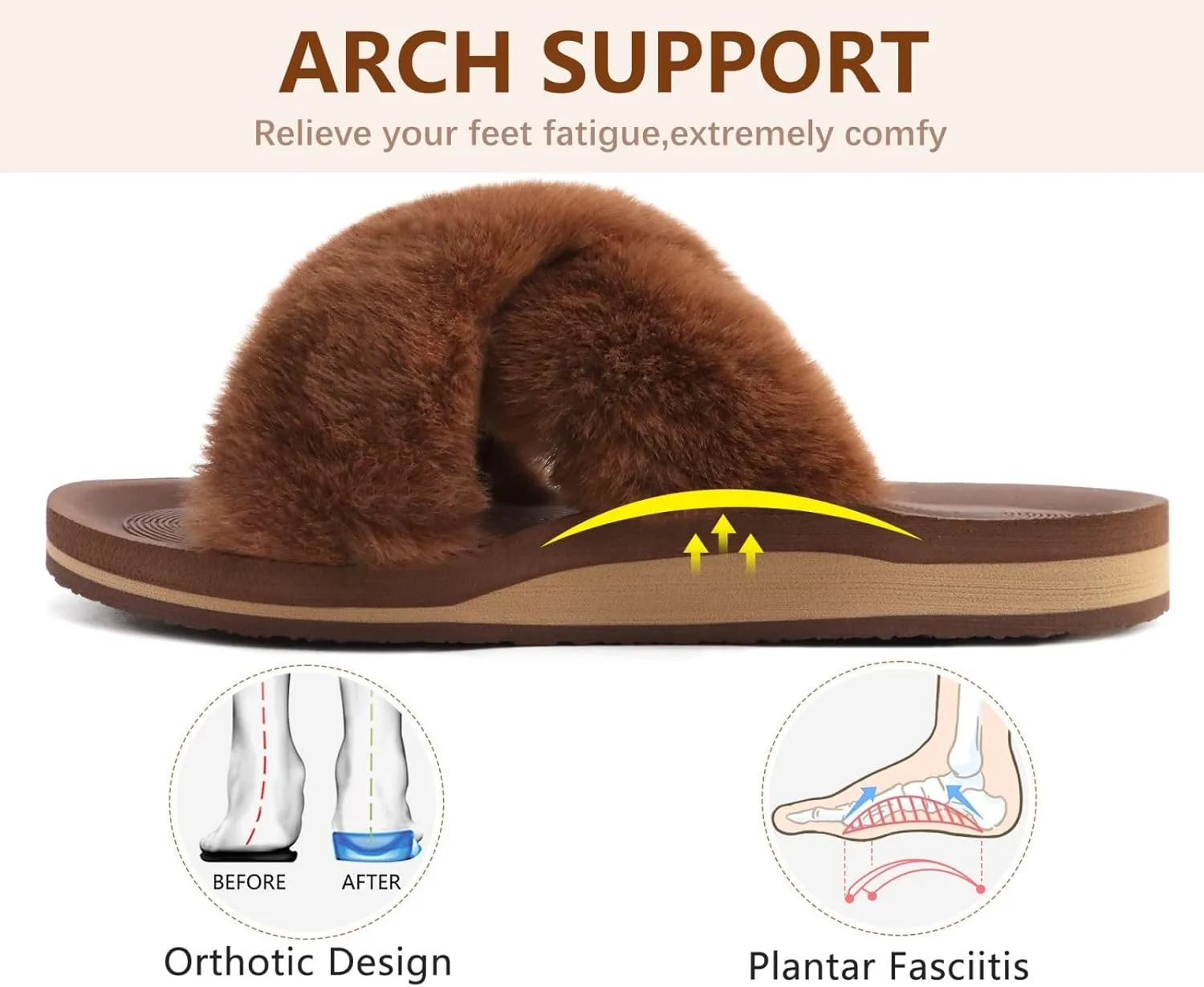 COFACE Womens Fuzzy Slides Fluff Faux Fur Cross Slippers Open Toe Yoga Mat House Slippers Sandals With Arch Support For Indoor/Outdoor