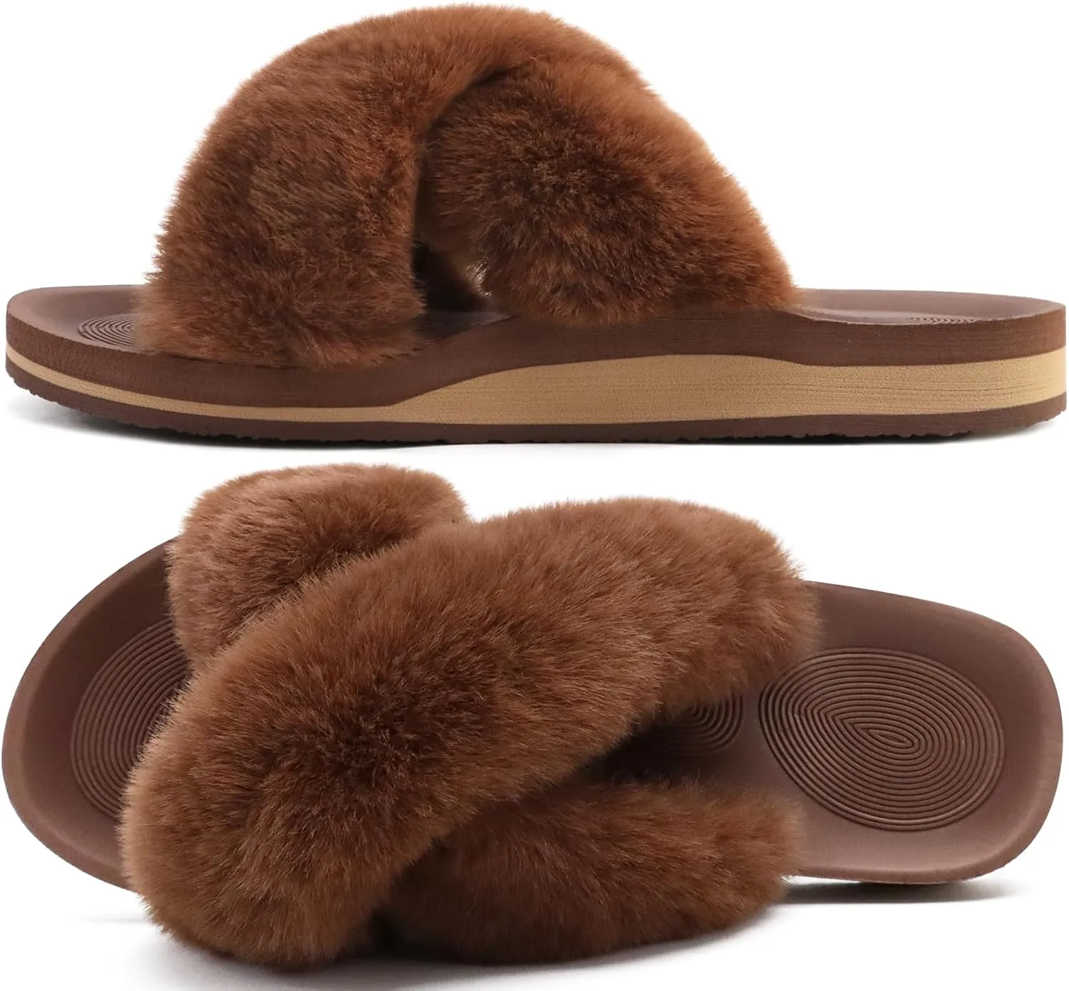 COFACE Womens Fuzzy Slides Fluff Faux Fur Cross Slippers Open Toe Yoga Mat House Slippers Sandals With Arch Support For Indoor/Outdoor