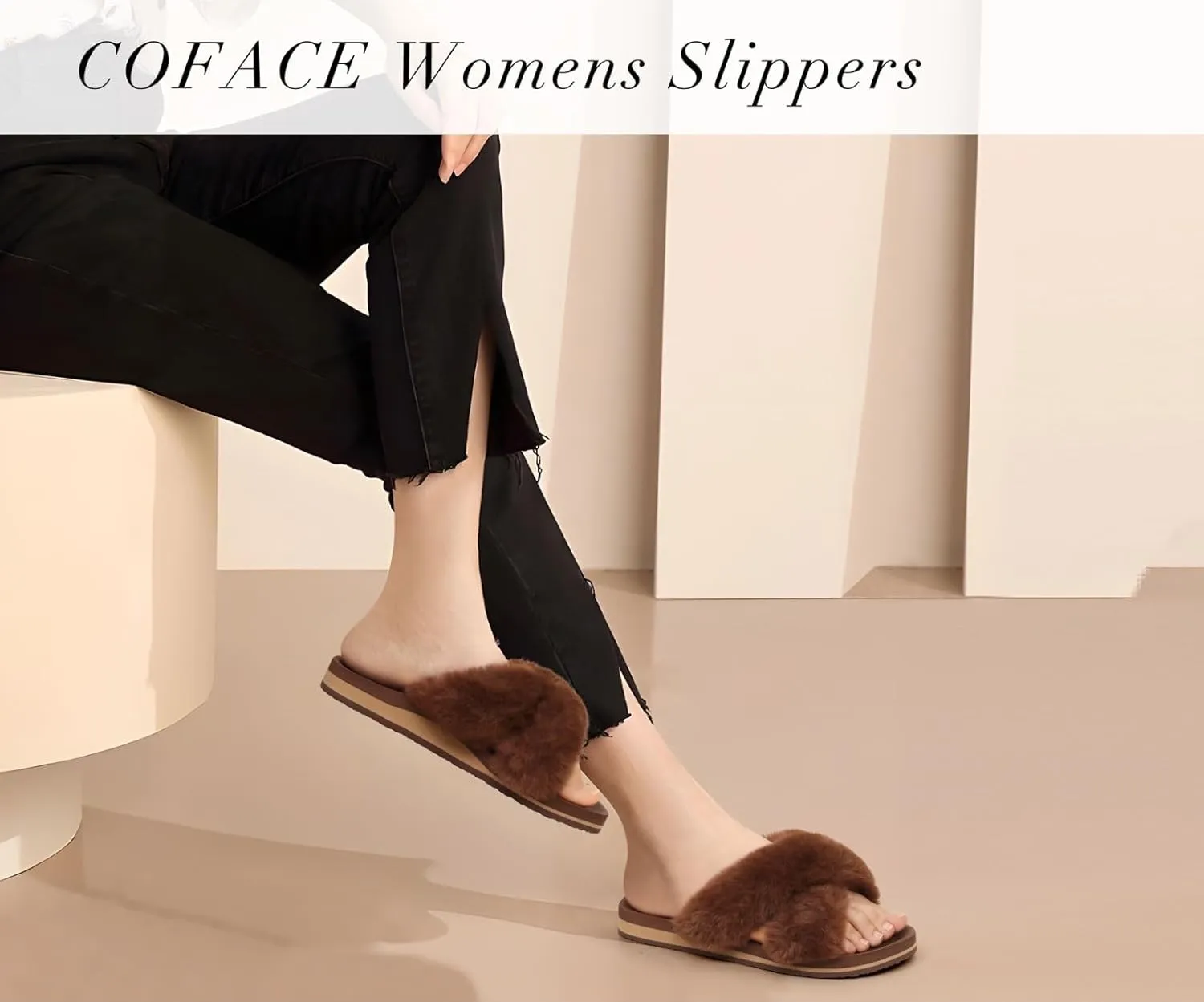 COFACE Womens Fuzzy Slides Fluff Faux Fur Cross Slippers Open Toe Yoga Mat House Slippers Sandals With Arch Support For Indoor/Outdoor