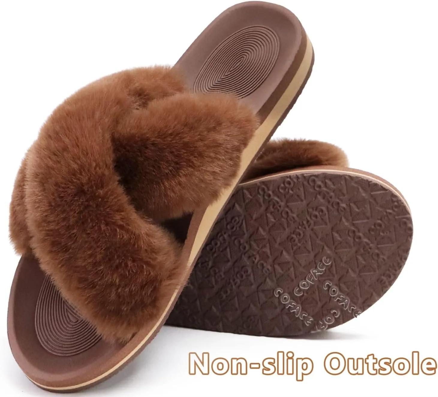 COFACE Womens Fuzzy Slides Fluff Faux Fur Cross Slippers Open Toe Yoga Mat House Slippers Sandals With Arch Support For Indoor/Outdoor