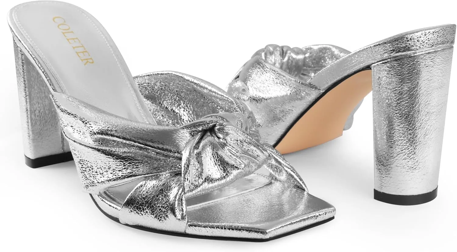 COLETER Women's Chunky Heeled Mules Bow Knot Square Toe Sandals Summer Evening Party Shoes