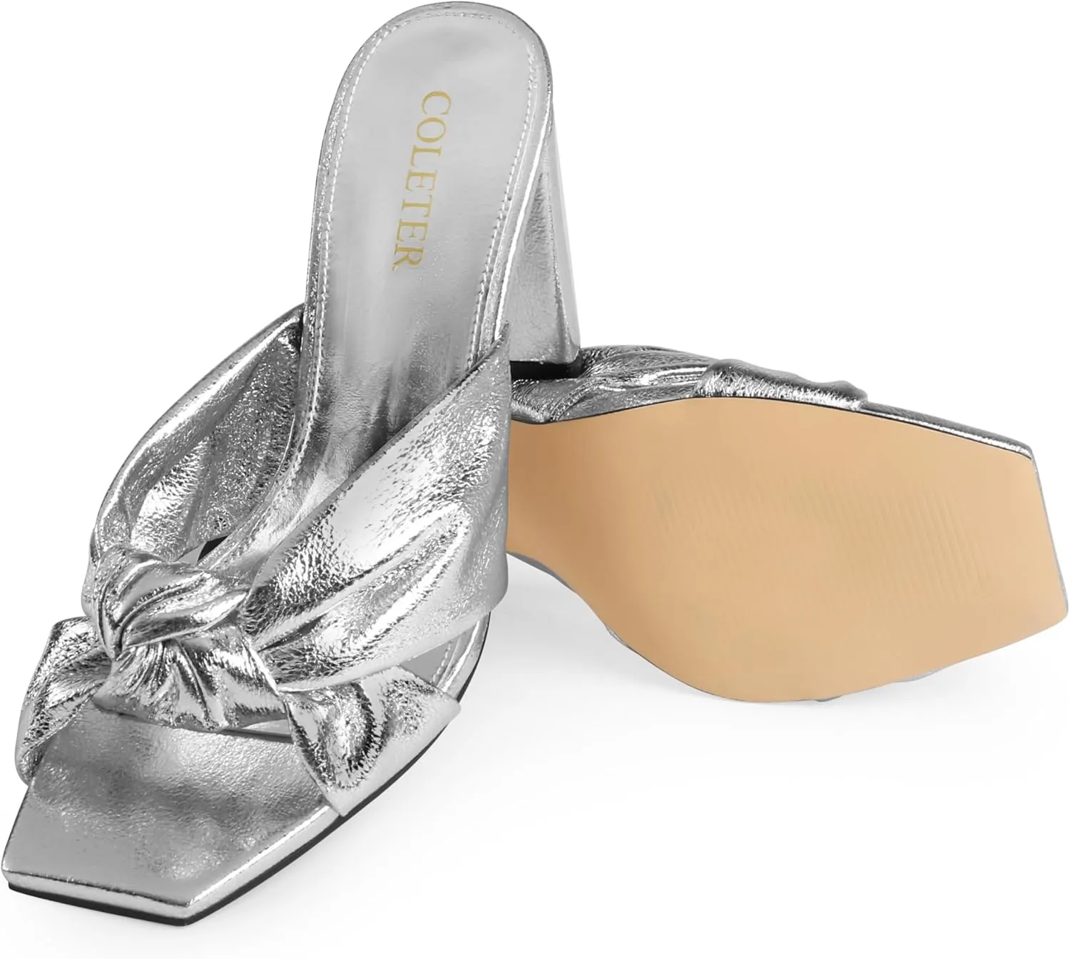 COLETER Women's Chunky Heeled Mules Bow Knot Square Toe Sandals Summer Evening Party Shoes