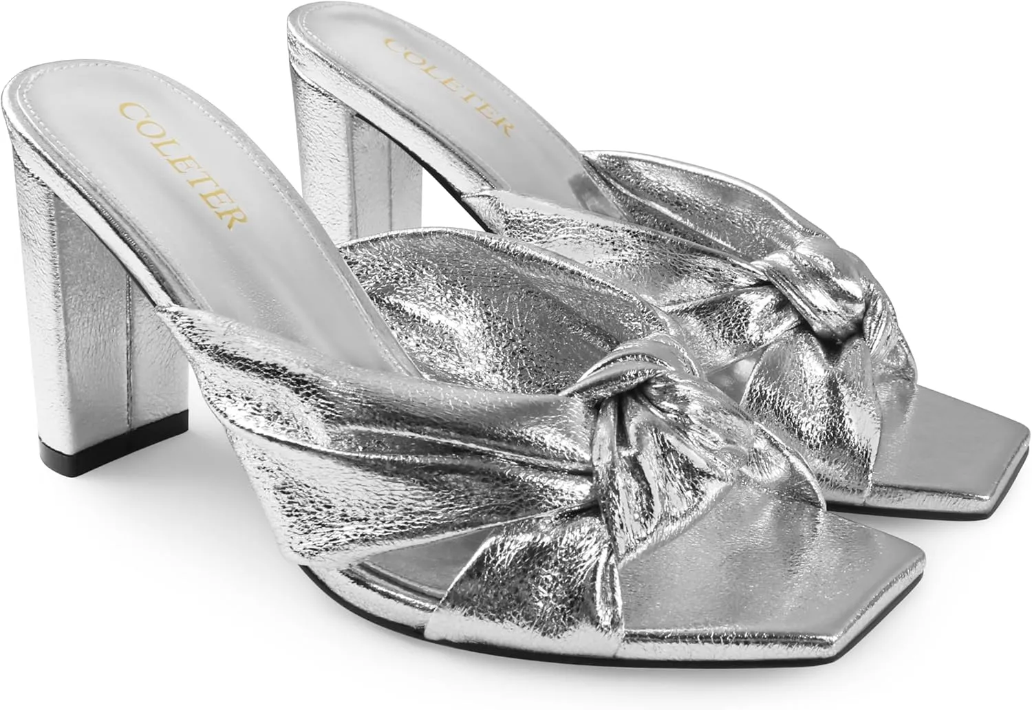 COLETER Women's Chunky Heeled Mules Bow Knot Square Toe Sandals Summer Evening Party Shoes