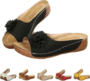 Comfort Sandals for Women Summer Wedge Low Heel Open Toe Slides Trendy Casual Flower Color Block Wedge Sandals Breathable Slip On Orthopedic Arch Support Shoes