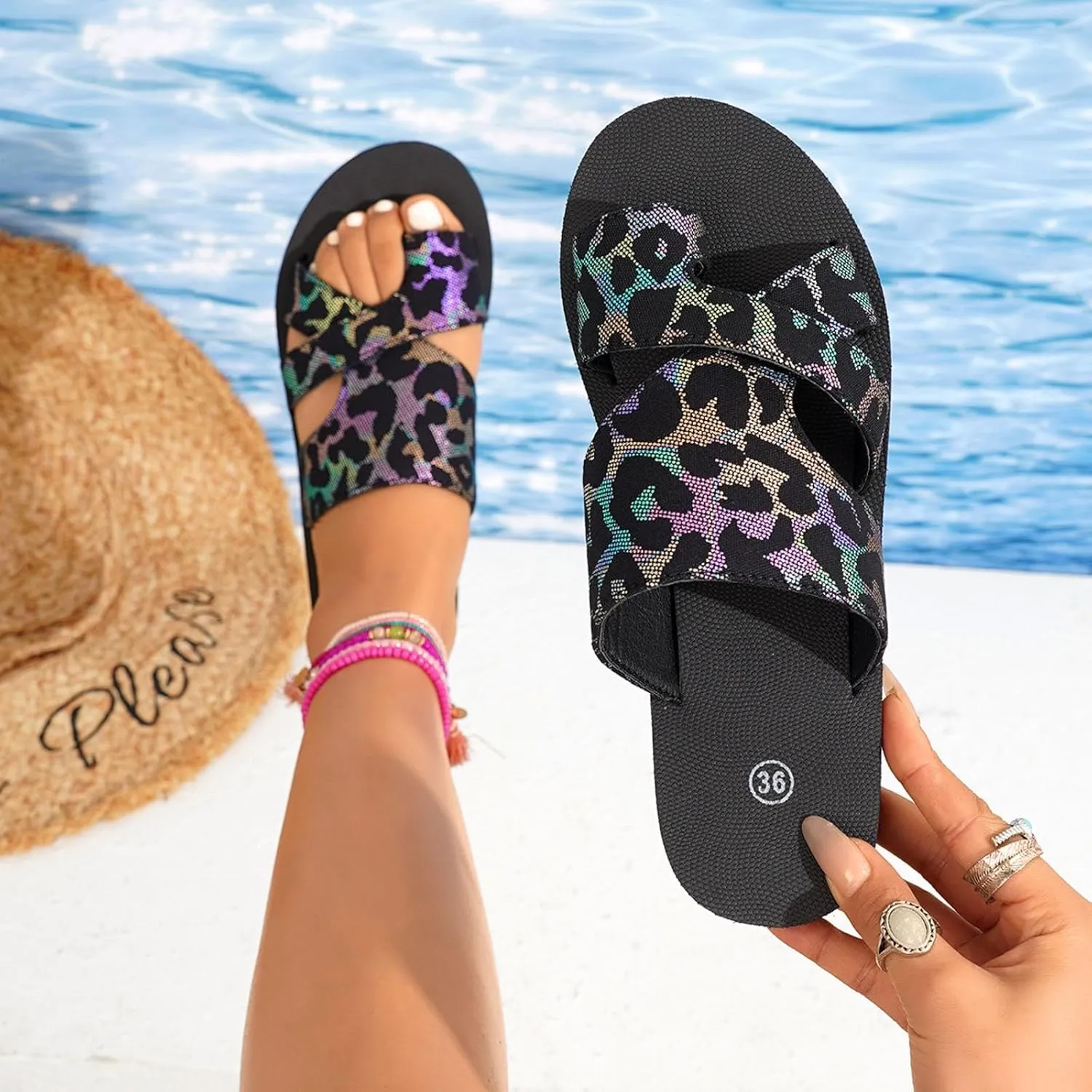 Comfortable Slip On Slide Sandals Thick Soled Hollow Women's Shoes Fashionable And Casual Toe Covered Floral Beach