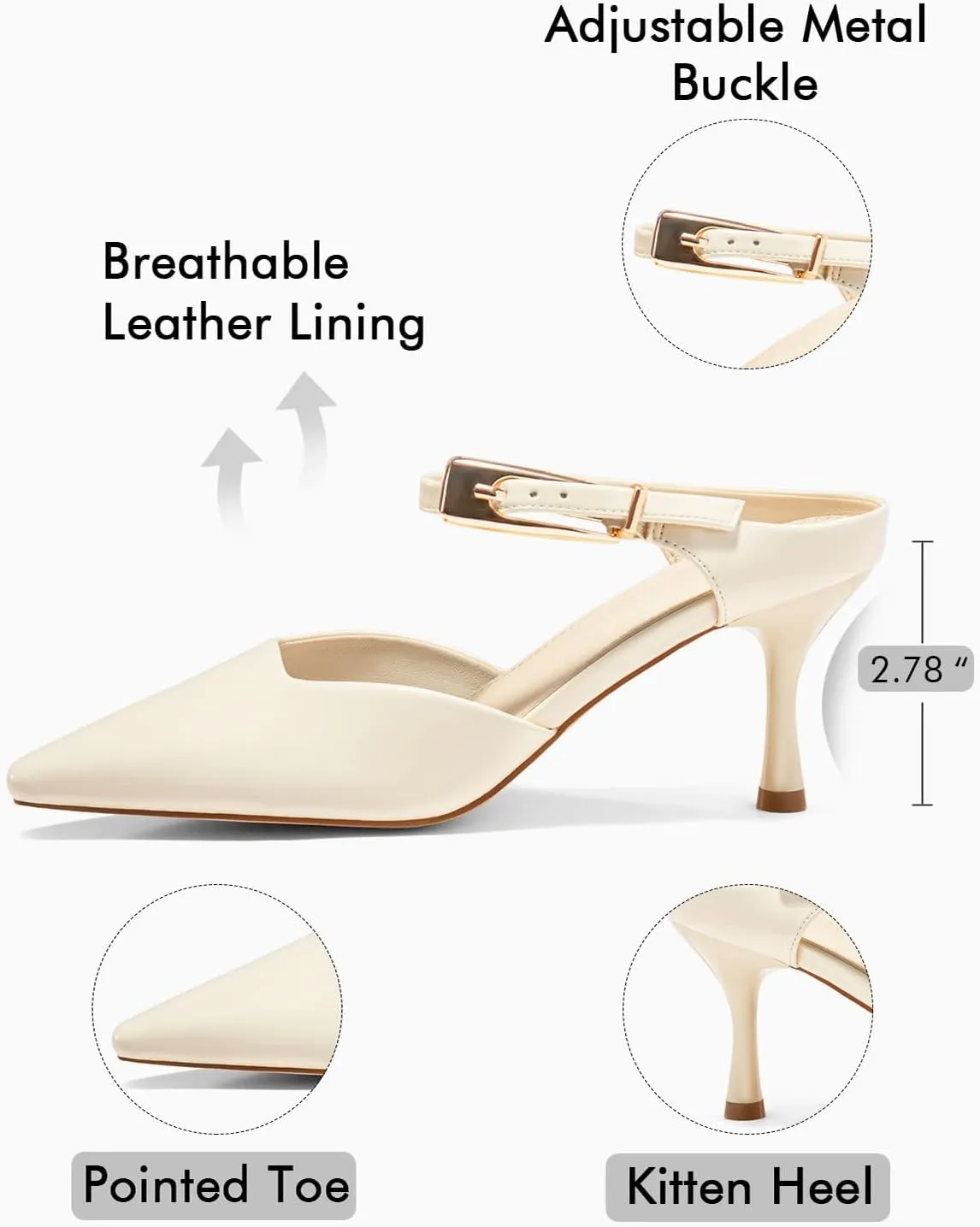 Coutgo Womens High Heels Mules Closed Pointed Toe Kitten Heel Pumps Ankle Buckle Strap Slip On Backless Dress Shoes