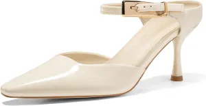 Coutgo Womens High Heels Mules Closed Pointed Toe Kitten Heel Pumps Ankle Buckle Strap Slip On Backless Dress Shoes