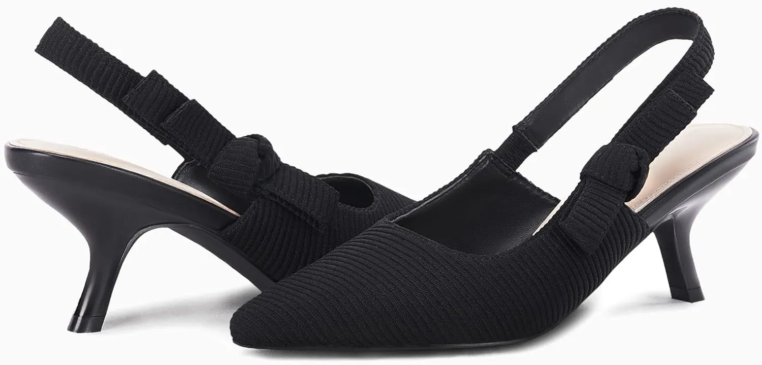 Coutgo Womens Slingback Kitten Heels Closed Pointed Toe Bowknot Knitted Slip On Work Pumps Dress Shoes