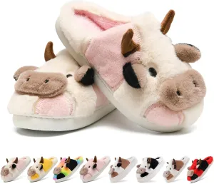 Cow Slippers for Women,Cartoon Animal Fuzzy Slippers,Winter Warm Women's House Slippers,Anti-Slip Indoor Outdoor for Man Wrap Heel