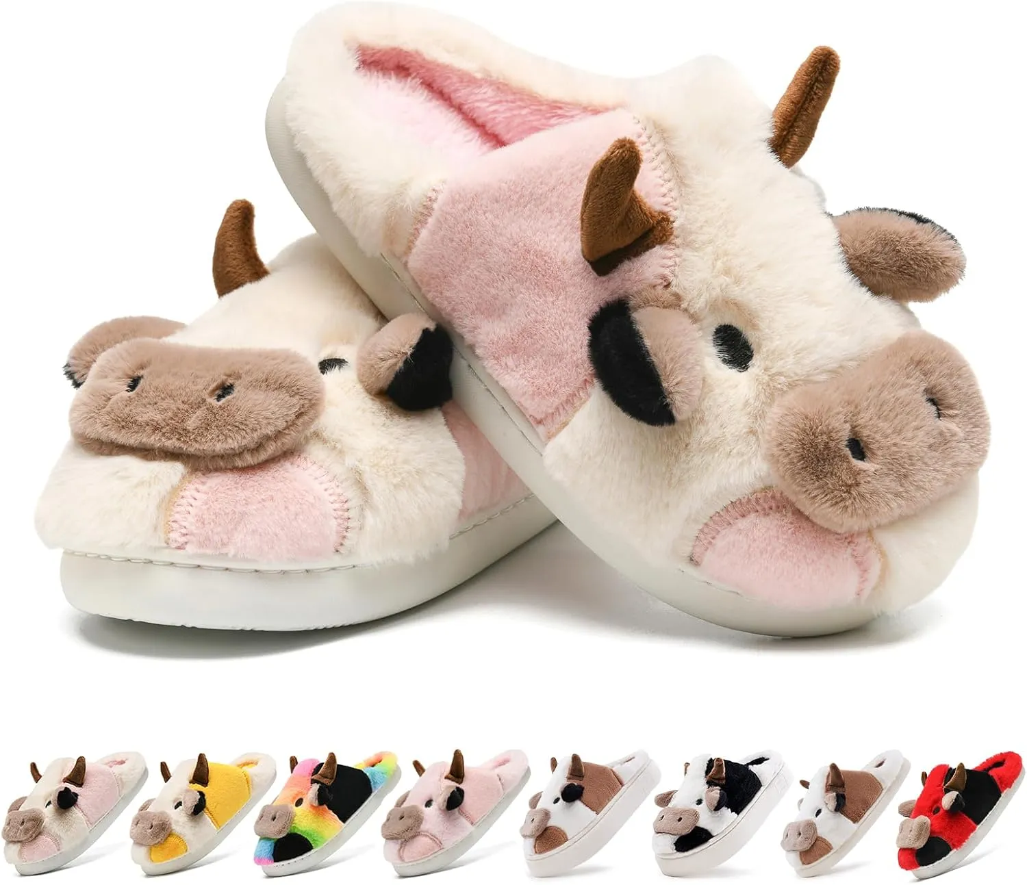 Cow Slippers for Women,Cartoon Animal Fuzzy Slippers,Winter Warm Women's House Slippers,Anti-Slip Indoor Outdoor for Man Wrap Heel