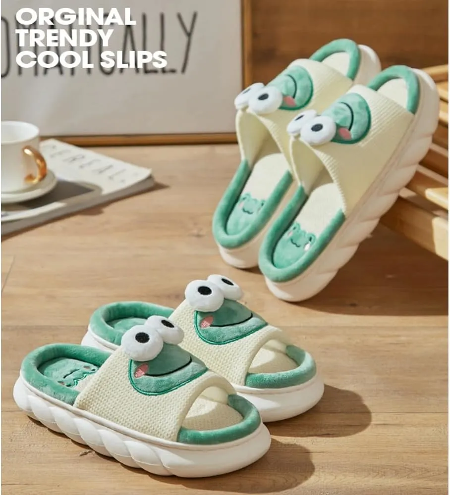 Cute Frog Slippers Women Men Preppy Slipper Kawaii Animal Slipper Cartoon Linen Slipper Comfy Bedroom Slides Sandals House Slipper Indoor Outdoor Home Slipper Creative Gifts