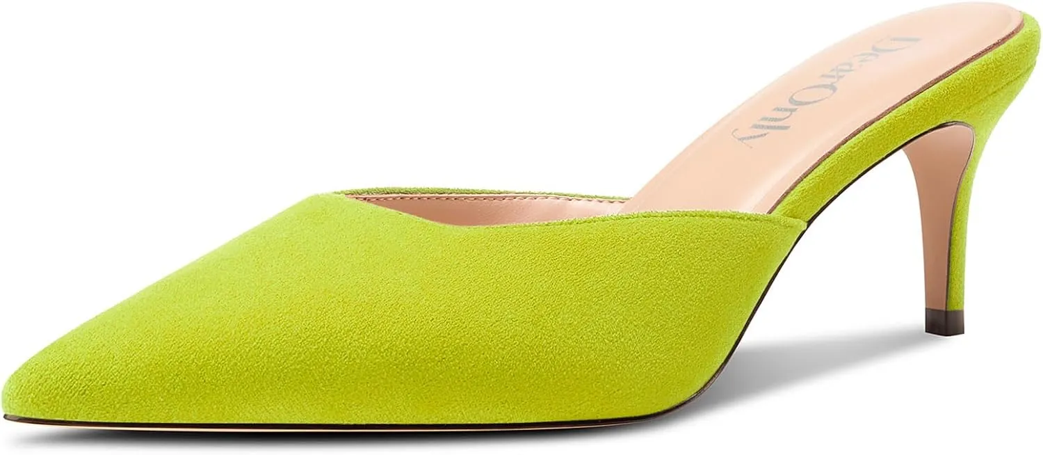 DearOnly Womens Pointed Toe Kitten Heel Mules Slip-on Stiletto Mid Heel Sandals Prom Dress Shoes 2.6 Inches Heels