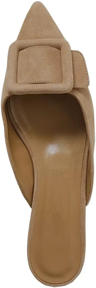 Divanne Mules for Women, Buckle Flat Mules Pointed Toe Backless Mule Slides Suede Slip On Loafers