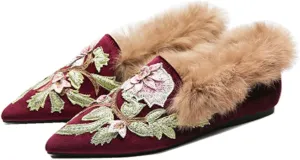 Divanne Slip On Loafers, Womens Embroidery Mule Shoes with Plush Lamb Fur Velvet Backless Pointed Toe Mule Slide