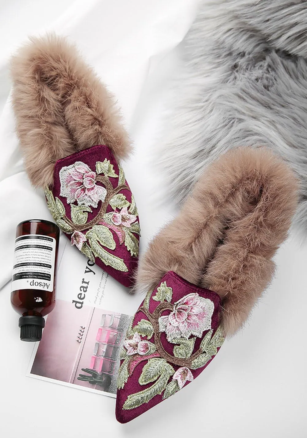 Divanne Slip On Loafers, Womens Embroidery Mule Shoes with Plush Lamb Fur Velvet Backless Pointed Toe Mule Slide