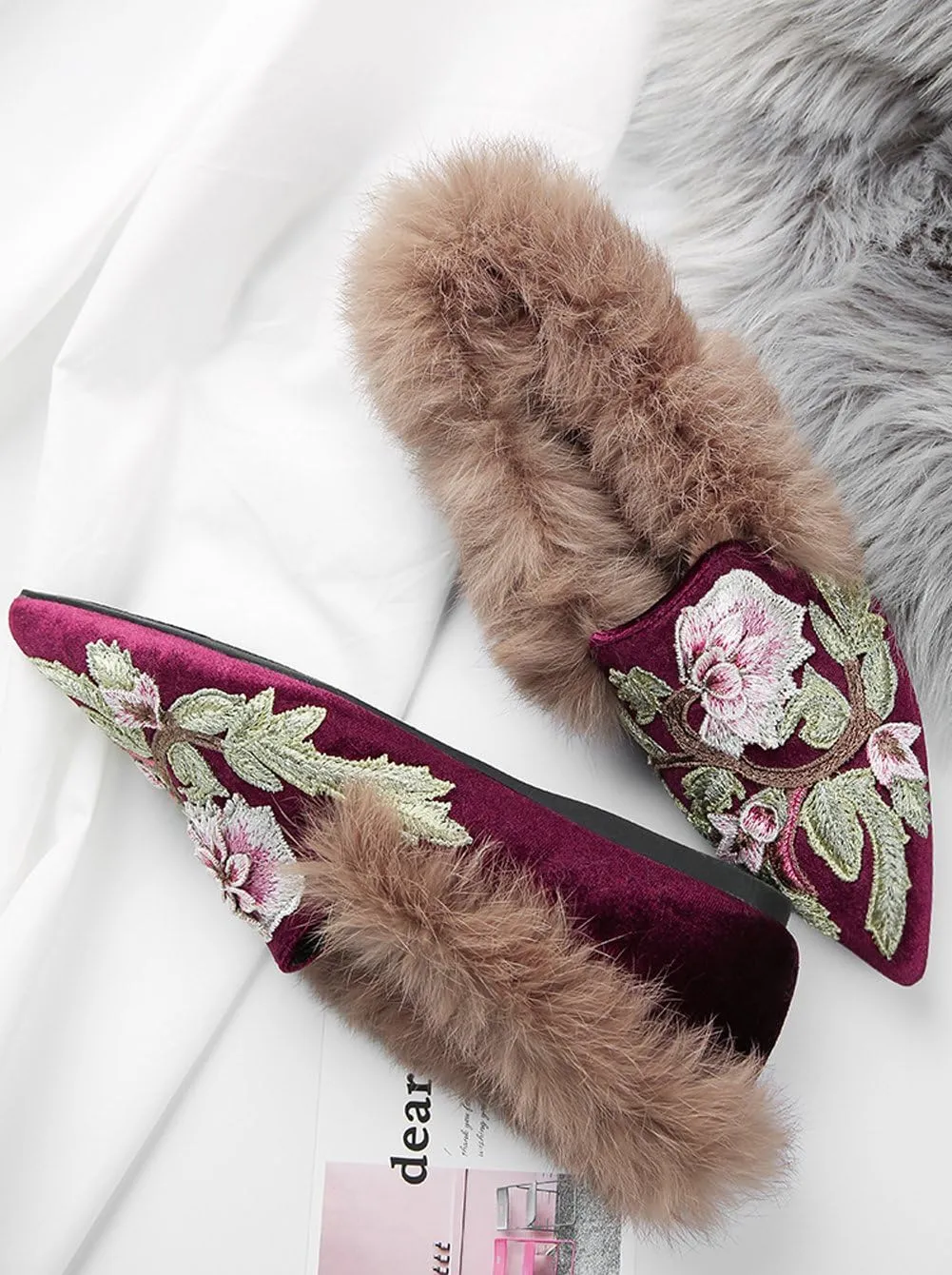 Divanne Slip On Loafers, Womens Embroidery Mule Shoes with Plush Lamb Fur Velvet Backless Pointed Toe Mule Slide