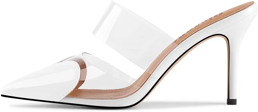 Divanne Women's Heart Heeled Mules Pointed Toe Mule Pumps High Heel Mules Slip On Clear Heeled Sandals