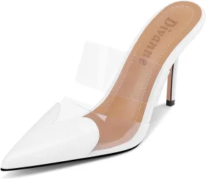 Divanne Women's Heart Heeled Mules Pointed Toe Mule Pumps High Heel Mules Slip On Clear Heeled Sandals