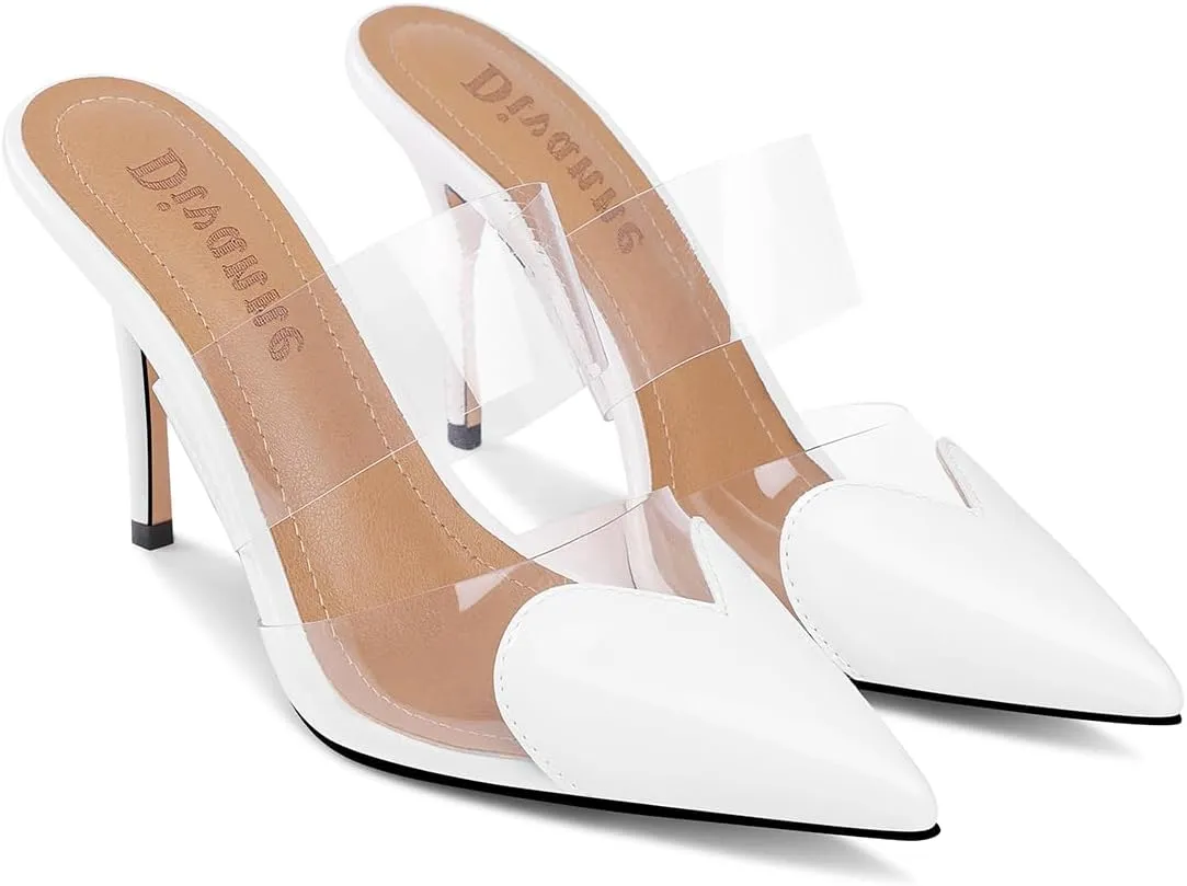 Divanne Women's Heart Heeled Mules Pointed Toe Mule Pumps High Heel Mules Slip On Clear Heeled Sandals