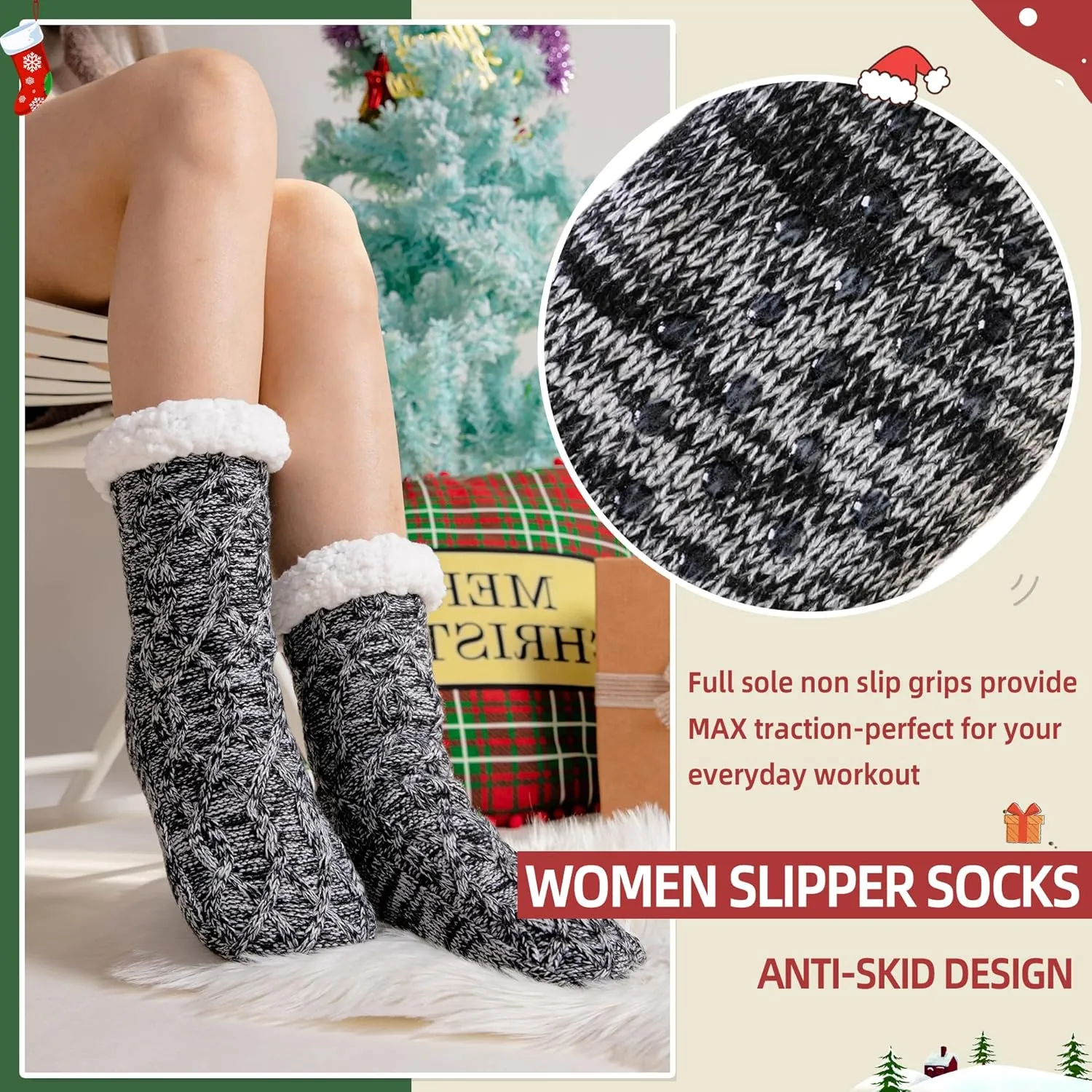 DoSmart Womens Fuzzy Slipper Socks Winter Thermal Snowflake Fleece Lining Christmas Stockings Fluffy Warm Indoor Home Socks