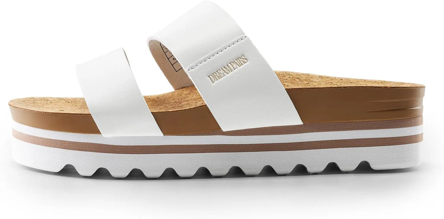 DREAM PAIRS Women's Platform Wedge Sandals with Arch Support, Comfortable Beach Slip-on Flat Sandals, Casual 2-Strap Cork Cushion Slides for Women