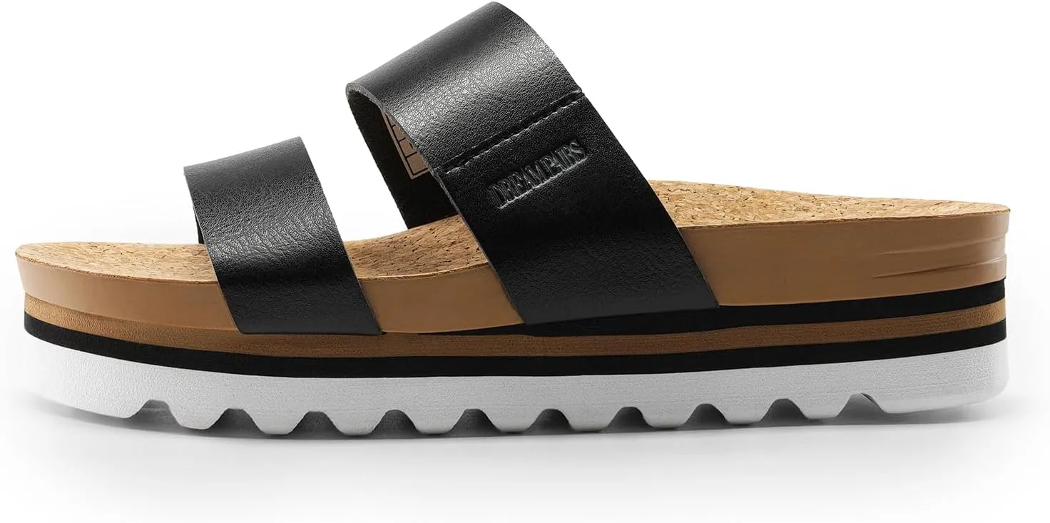 DREAM PAIRS Women's Platform Wedge Sandals with Arch Support, Comfortable Beach Slip-on Flat Sandals, Casual 2-Strap Cork Cushion Slides for Women