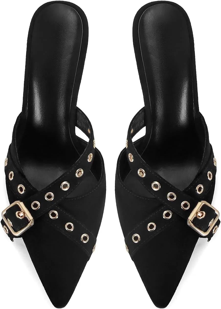 Dsevht Black Kitten Heels for Women Pointed Closed Toe Dressy Bow Heel Vintage Heeled Mules Sexy Pointy Studded Slip on Stiletto Pump Shoes