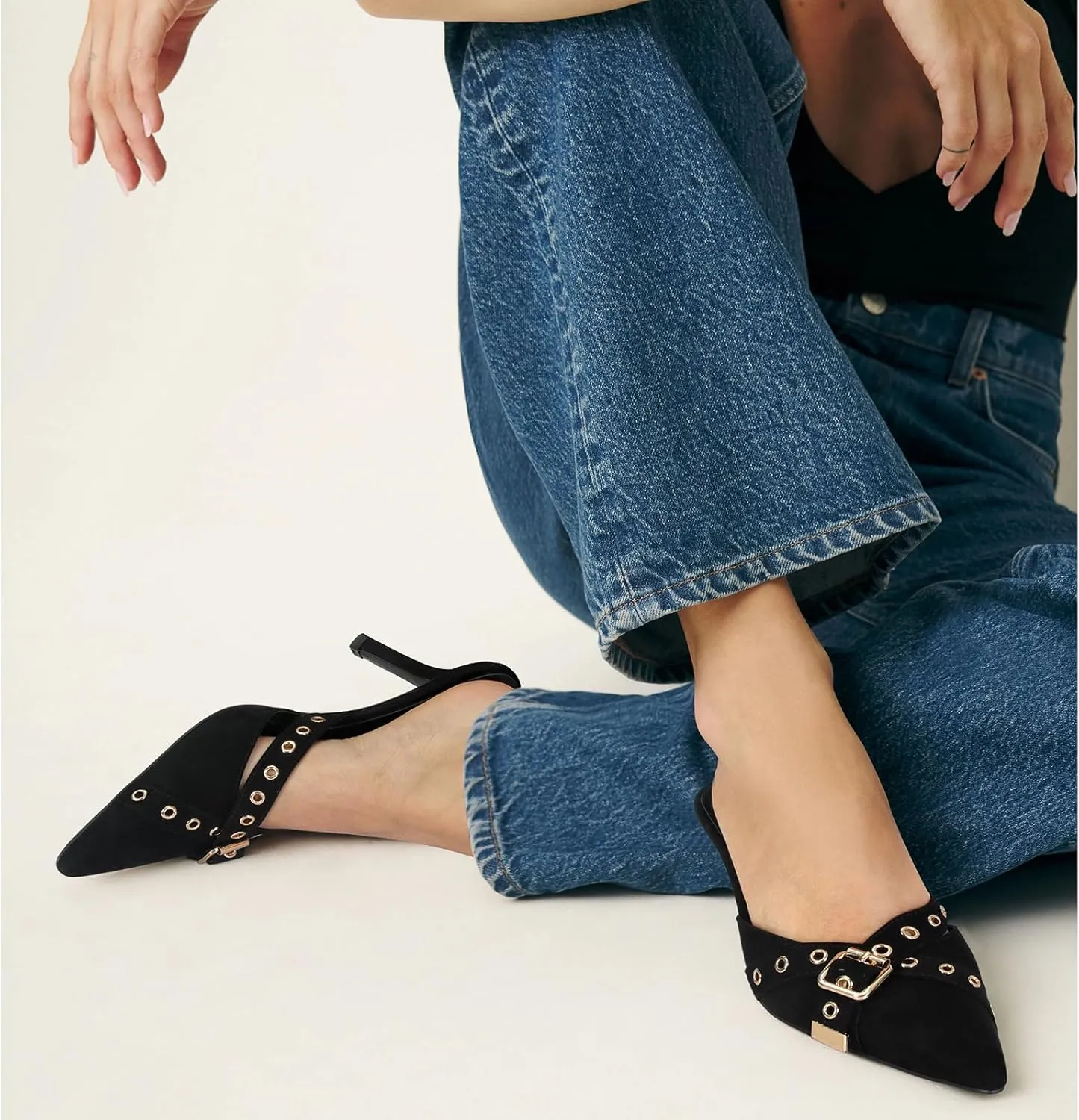 Dsevht Black Kitten Heels for Women Pointed Closed Toe Dressy Bow Heel Vintage Heeled Mules Sexy Pointy Studded Slip on Stiletto Pump Shoes
